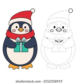 Penguin with red scarf and christmas gift coloring pages for kids. Trace and color Penguin christmas character. Cute winter penguin. Holiday seasons worksheet printable for kids. Christmas worksheet.