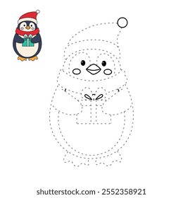 Penguin with red scarf and christmas gift coloring pages for kids. Trace and color Penguin christmas character. Cute winter penguin. Holiday seasons worksheet printable for kids. Christmas worksheet.