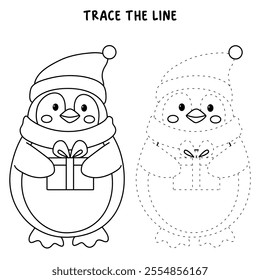Penguin with red scarf and christmas gift coloring pages for kids. Trace and color Penguin christmas character. Cute winter penguin. Holiday seasons worksheet printable for kids. Christmas worksheet.