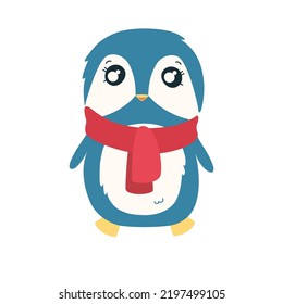 Penguin in red scarf. Cute Christmas penguin character. Vector illustration isolated in white background