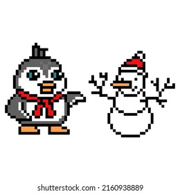 Penguin in a red scarf making a snowman in a park, pixel art character isolated on white background. Christmas mascot. Retro 80's-90's 8 bit video game graphics. Winter outdoor activity. Holiday fun.