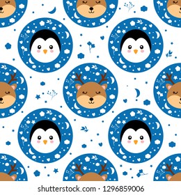 Penguin and reindeer cartoon, seamless pattern