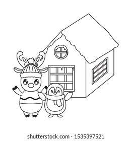 penguin and reindeer with family house of background vector illustration design