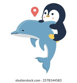 A penguin riding a dolphin