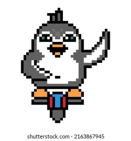 Penguin riding electric unicycle and waving, pixel art animal character on white background. Old school retro 80's-90's 8 bit slot machine, video game graphics. Personal urban eco transport mascot.