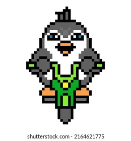 Pinguin, der auf grünem Roller reitet, Pixel-Art Tiercharakter einzeln auf weißem Hintergrund. Old School Retro 80er-90er Jahre 8 Bit Slotmaschine, Computer, Videospiel-Grafik. Cartoon Motorrad-Liefermaskott.