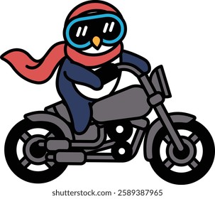 A penguin is riding a motorcycle with a red scarf around its neck. The penguin is wearing goggles and a helmet, giving the impression that it is a cartoon character. The image has a playful