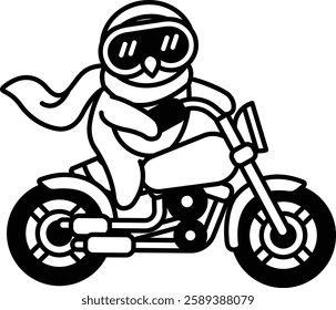 A penguin is riding a motorcycle with a scarf around its neck