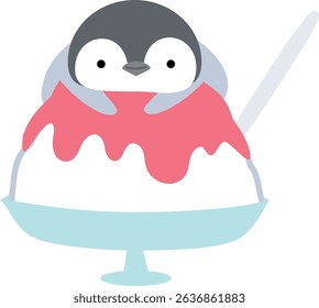 Penguin riding on shaved ice, strawberry flavor, simple, cute, animals and desserts (vector illustration)