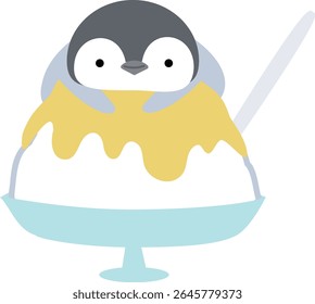 Pinguim cavalgando em gelo raspado, sabor de limão, simples, fofo, animais e sobremesas (ilustração vetorial)