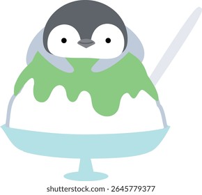 Penguin riding on shaved ice, melon flavor, simple, cute, animals and desserts (vector illustration)