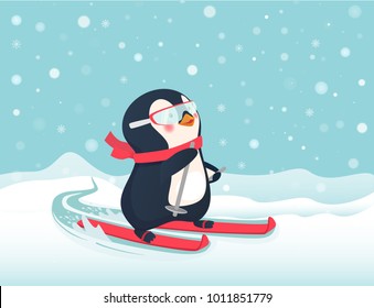 Penguin riding on skis on snow. Penguin cartoon vector illustration.