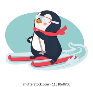 Penguin riding on skis on snow. Penguin cartoon vector illustration. Activity in winter