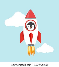 penguin with a rocket flat design