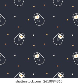 Penguin rocking doll cartoon so cute. On polka dot blue background. Pattern seamless vector illustration. 