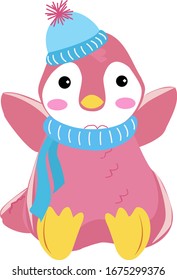 Pingüino en rosa, ilustración, vector sobre fondo blanco.