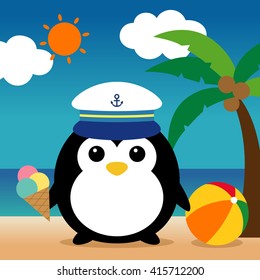Penguin with sailor hat holding ice cream cone on the beach. Summer holidays concept illustration vector.