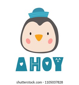 Penguin sailor vector cartoon illustration. Cute animal poster design for greeting card, t-shirt, invitation, baby shower, birthday, room decor, print, pillow, decoration kids interior, baby wear