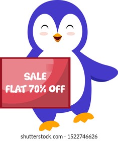 Penguin with sale sign, illustration, vector on white background.