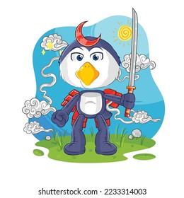 der Pinguin-Samurai-Cartoon. Cartoon-Maskottvektor