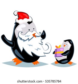 Penguin Santa Claus gives a gift to the kid. Vector cartoon holiday illustration.