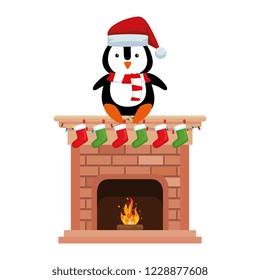 penguin with santa claus hat in chimney
