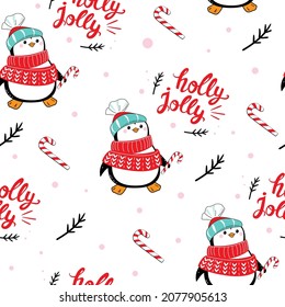 Penguin in a santa claus hat and the inscription holly jolly seamless pattern. Vector illustration for winter holidays