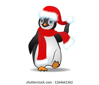 Penguin in santa claus hat and scarf, Vector illustration
