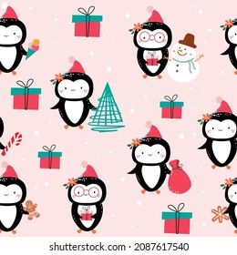 Penguin in a santa claus hat seamless pattern for children. Vector illustration for winter holidays. Doodle style