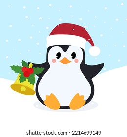 Penguin in Santa Claus red christmas hat with christmas bell. Winter background. Vector illustration.