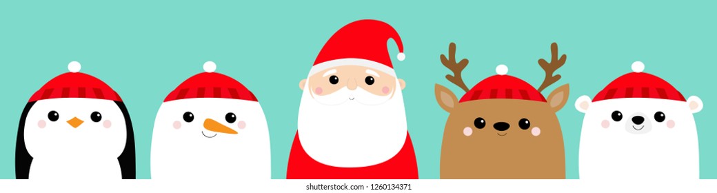 Penguin Santa Claus White polar bear Snowman Raindeer Deer bird face icon set. Merry Christmas. New Year. Cute cartoon funny kawaii baby character. Greeting card. Flat design Blue background. Vector