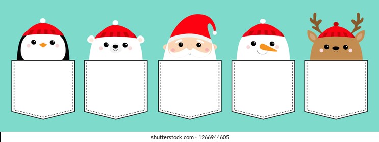 Penguin Santa Claus White polar bear Snowman Raindeer Deer bird face icon set. T-shirt pocket. Merry Christmas. New Year. Cute cartoon funny kawaii baby character. Flat design Blue background. Vector