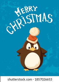 Penguin in Santa hat with big bubo, Christmas card. Bird in festive headdress, greeting sign or wishes, New Year winter holiday, Arctic animal vector
