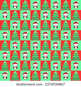 penguin with santa hat and christmas tree on green red pattern background