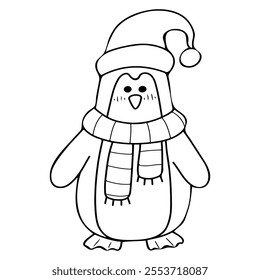 Penguin in Santa hat coloring book hand drawn. Animal in scarf. Northern bird. Happy holiday. Celebrating event. Vector line art illustration. Page for kids and adults.