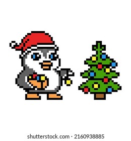 Penguin in Santa' hat holding a box with ornaments and decorating fir-tree with baubles, pixel art character isolated on white background. Christmas mascot. Retro 80's-90's 8 bit video game graphics.