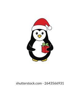 um pinguim em um chapéu de santa segurando um pequeno presente
