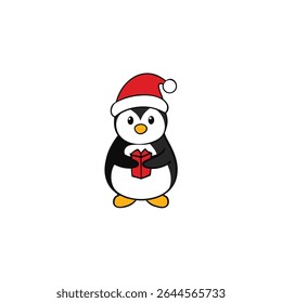 um pinguim em um chapéu de santa segurando um pequeno presente