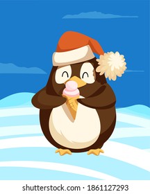 Penguin in Santa hat with ice cream at North Pole. Bird in headdress with dessert in waffle cone on snow at Antarctica, Christmas winter holiday vector