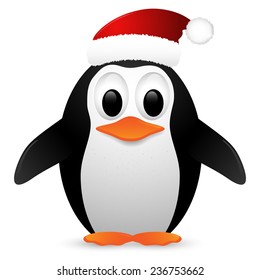 Penguin with santa hat isolated on white background. Vector illustration.