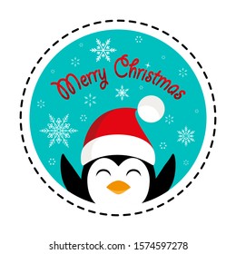 Penguin in santa hat. Merry Christmas. Flat vector illustration. Can be used for design greeting card, invitation or banner , sticker, pin, patch , logos , icons for mobile applications.
