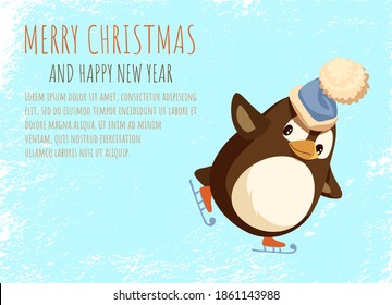 Penguin in Santa hat on skates, Christmas greeting card. Bird doing sports, outdoor activity, New Year winter holiday celebration, ice rink vector