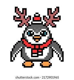 Penguin in Santa' hat and scarf wearing deer horns, pixel art character isolated on white background. Christmas mascot. Retro 80's-90's 8 bit video game graphics. Winter holidays costume party logo.