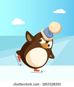 Penguin in Santa hat skating on ice at North Pole. Bird in headdress on skates, sunny day and winter sport, outdoor activity and Christmas vector