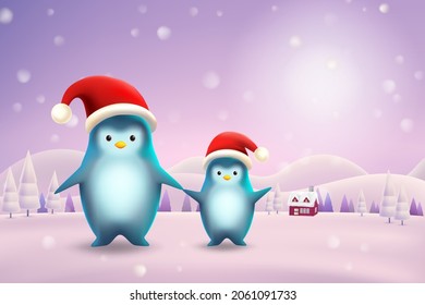 Penguin with santa hat, Winter season landscape for Christmas scene