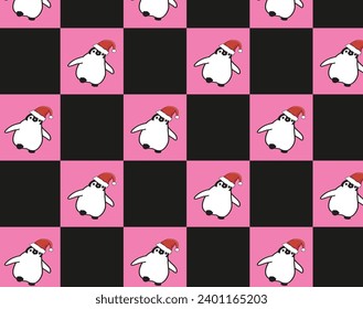 penguin in Santa hats in checkered background