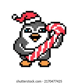 Penguin in Santa's hat holding a big candy cane, pixel art animal character isolated on white background. Christmas mascot. Retro 80's-90's 8 bit slot machine, video game graphics. Sweet Holiday treat