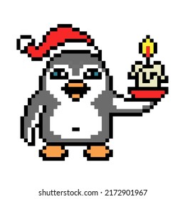 Penguin in Santa's hat holding a burning candle, pixel art animal character isolated on white background. Merry Christmas mascot. Retro 80's-90's 8 bit slot machine, video game graphics. Holiday logo.