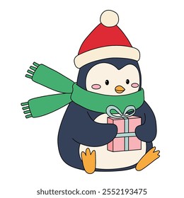 Penguin with scarf and christmas gift coloring pages for kids. Trace and color Penguin christmas character. Cute winter penguin. Holiday seasons worksheet printable for kids. Christmas worksheet.