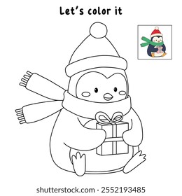 Penguin with scarf and christmas gift coloring pages for kids. Trace and color Penguin christmas character. Cute winter penguin. Holiday seasons worksheet printable for kids. Christmas worksheet.